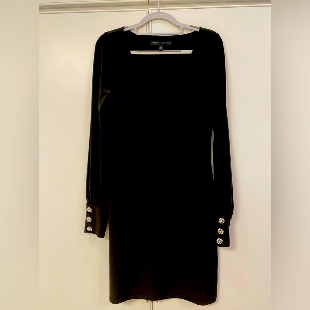 Black cocktail dress with rhinestone button on cuff